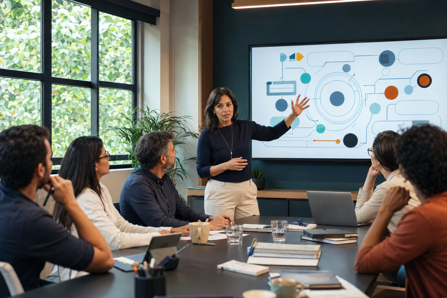 Consultoria apresentando um mapa de aprendizagem para equipe escolar