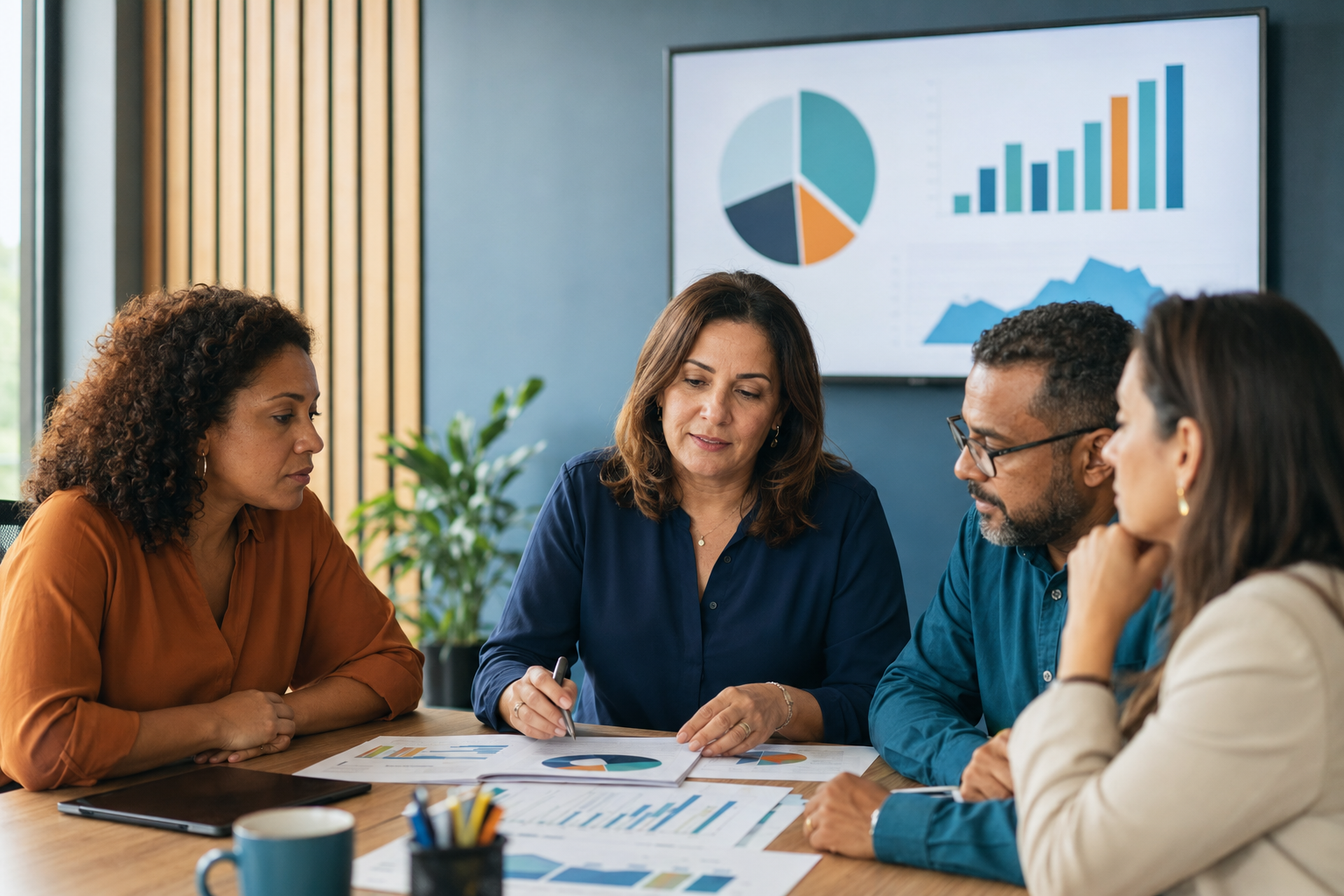 Gestores escolares analisando indicadores pedagógicos