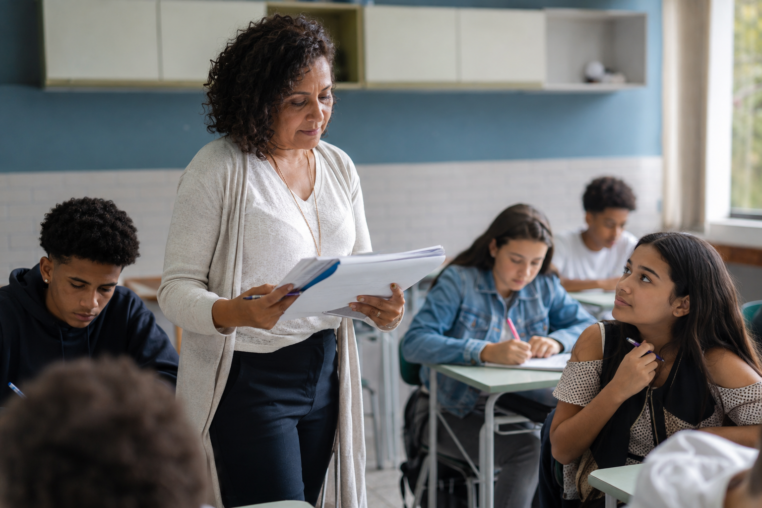 Professora analisando informações de aprendizagem em sala de aula